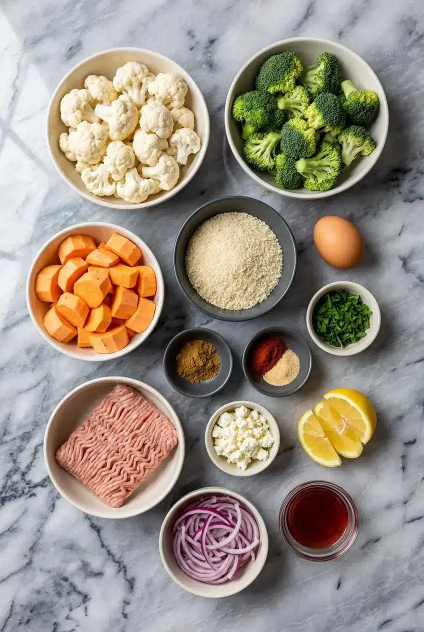 Ingredients for a Greek meatball bowl, including ground lamb, ground beef, fresh mint, feta cheese, and dill, arranged on a surface.