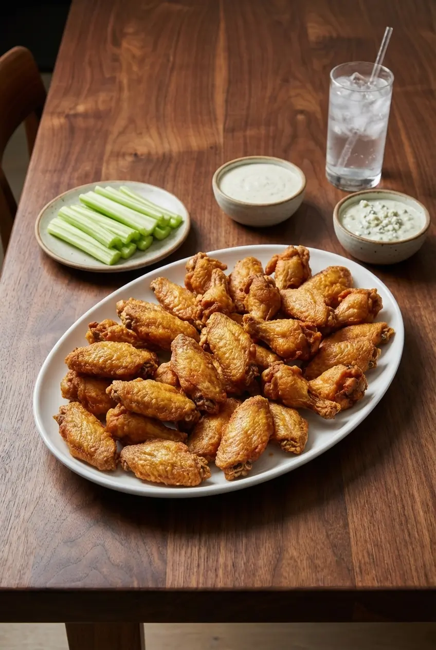 A large white platter piled high with golden Fried Chicken Wings, served with dipping sauces for a party or game day.