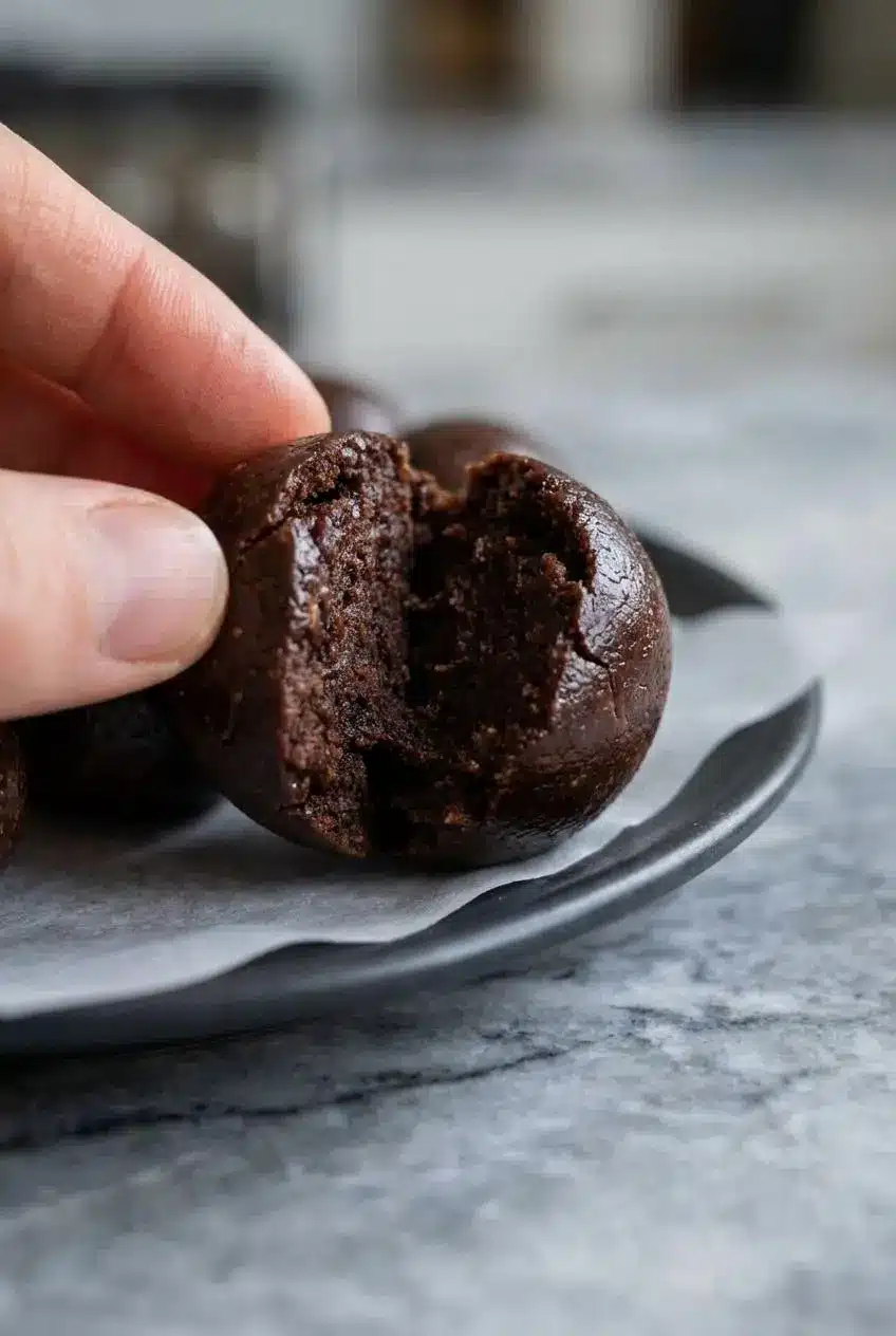 A close-up of a broken-open brownie protein bite, revealing a dense, fudgy, and chewy interior texture.