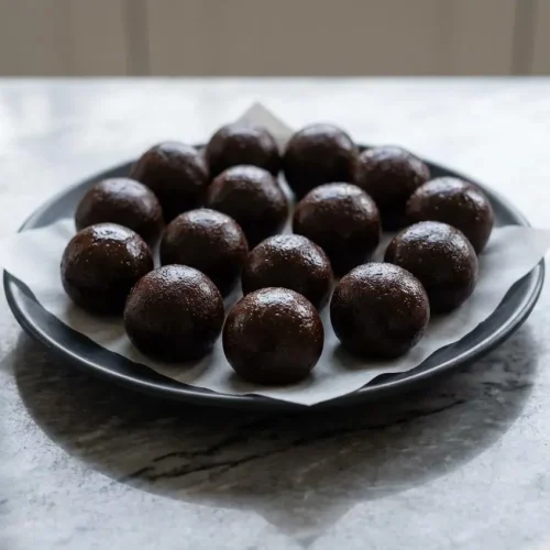 A stack of dark, fudgy brownie protein bites, made rich and decadent with black cocoa powder and coconut oil.
