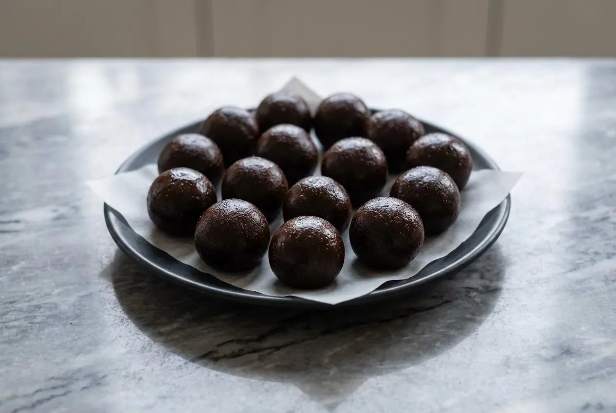 A stack of dark, fudgy brownie protein bites, made rich and decadent with black cocoa powder and coconut oil.