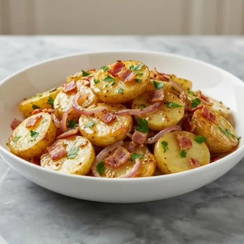 A bowl of warm German Potato Salad with crispy bacon and a tangy whole-grain mustard vinaigrette, garnished with fresh chives.