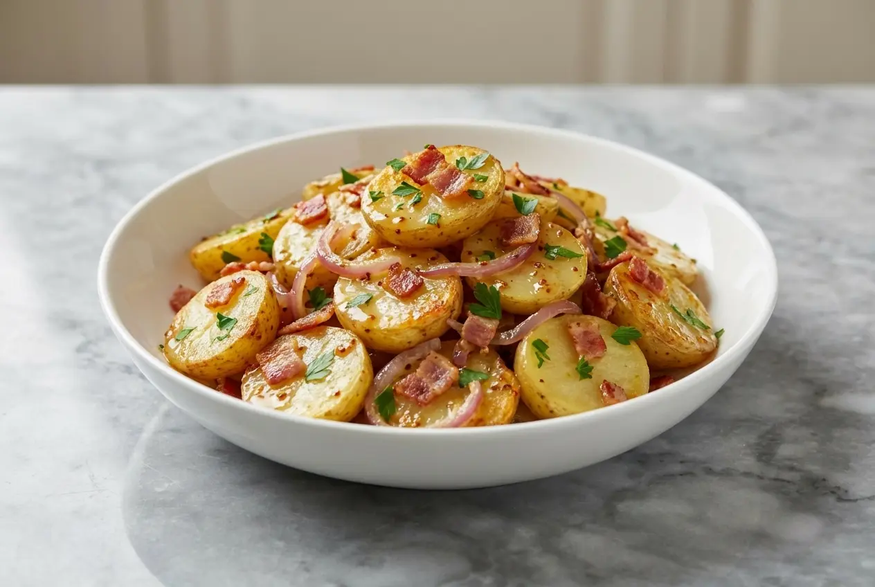 A bowl of warm German Potato Salad with crispy bacon and a tangy whole-grain mustard vinaigrette, garnished with fresh chives.