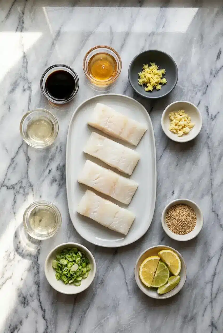 Ingredients for ginger soy glazed cod, including a raw cod fillet, soy sauce, fresh ginger, garlic, honey, and black vinegar.