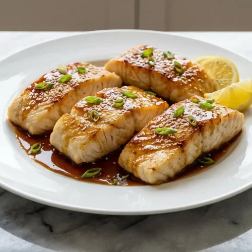 A pan-seared ginger soy glazed cod fillet with a rich sheen from black vinegar, served over rice and topped with scallions.