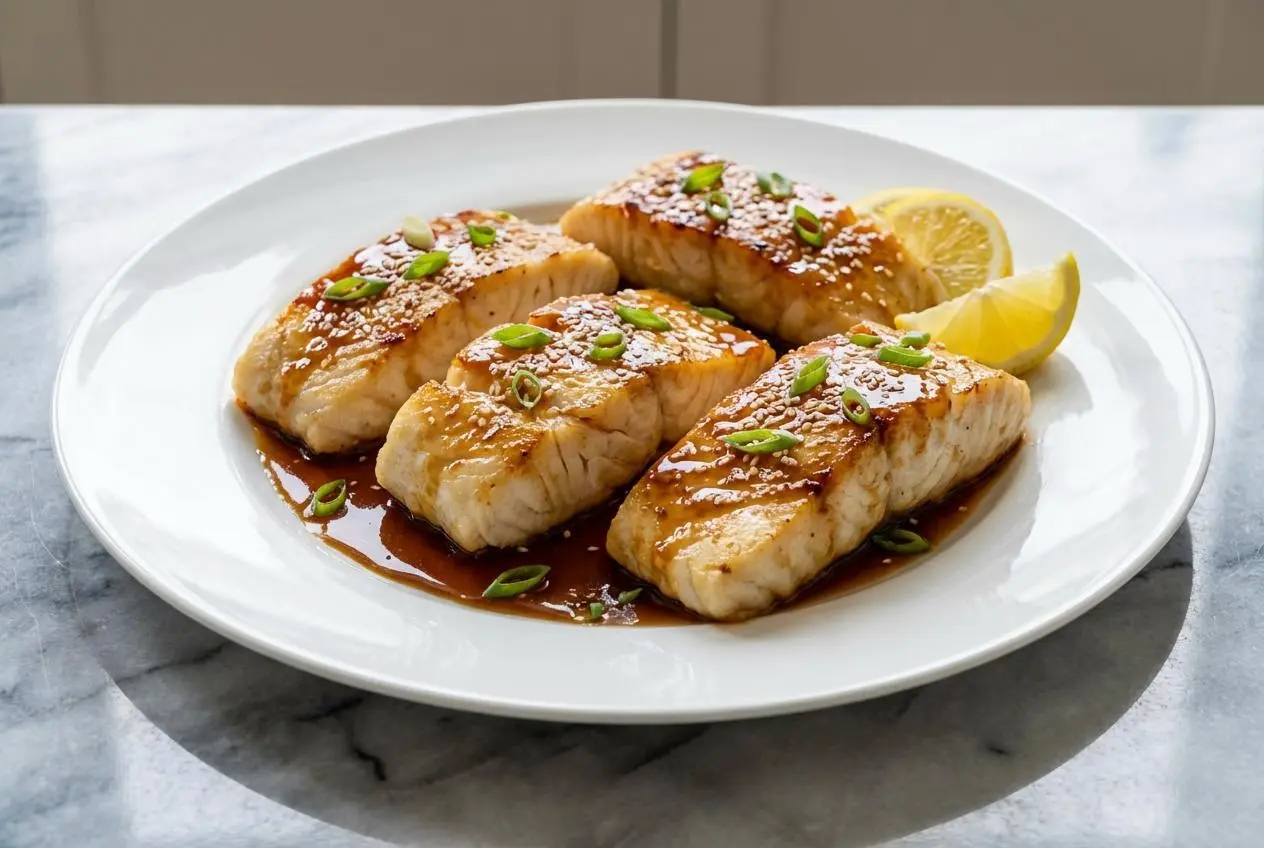 A pan-seared ginger soy glazed cod fillet with a rich sheen from black vinegar, served over rice and topped with scallions.