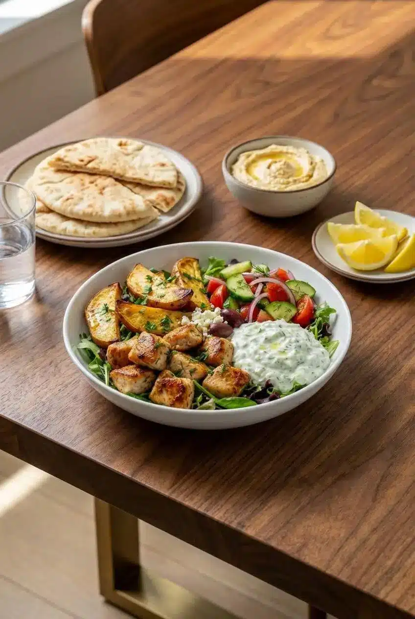 Three glass meal prep containers layered with quinoa, cucumber salad, and the yogurt-brined chicken for easy Greek chicken bowls.
