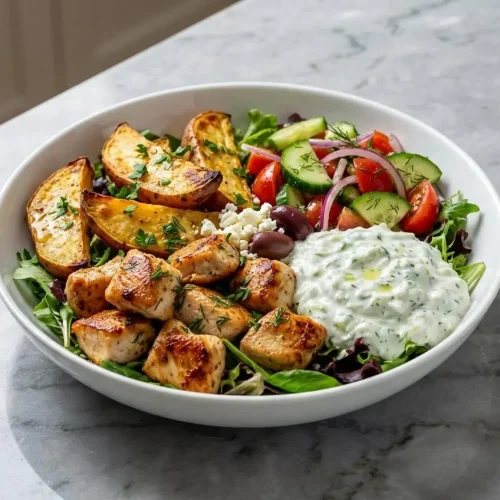A vibrant Greek chicken bowl with exceptionally tender, yogurt-brined chicken, quinoa, fresh veggies, feta, and tzatziki sauce.