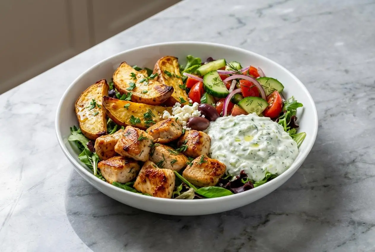A vibrant Greek chicken bowl with exceptionally tender, yogurt-brined chicken, quinoa, fresh veggies, feta, and tzatziki sauce.