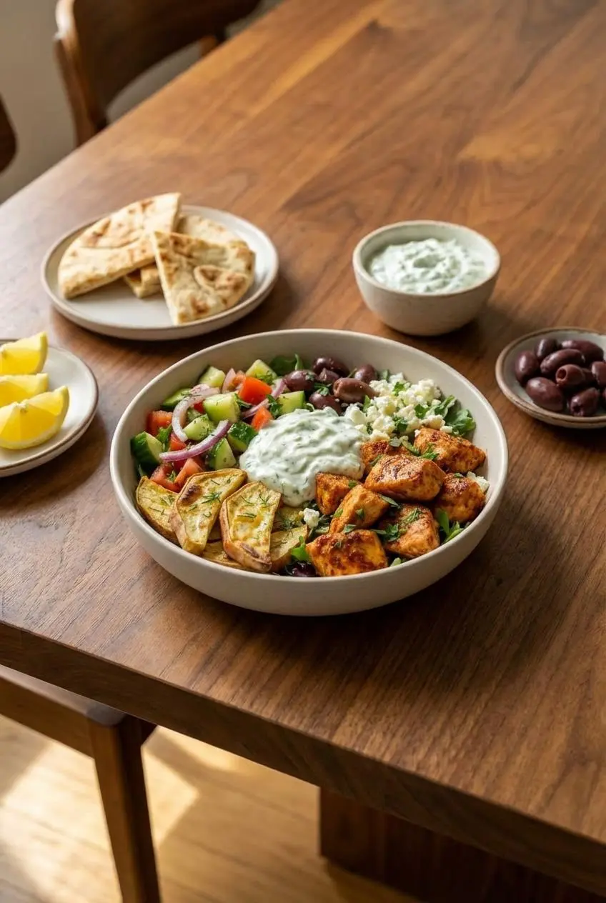 A Greek chicken power bowl portioned into a glass meal prep container, ready for a healthy lunch.