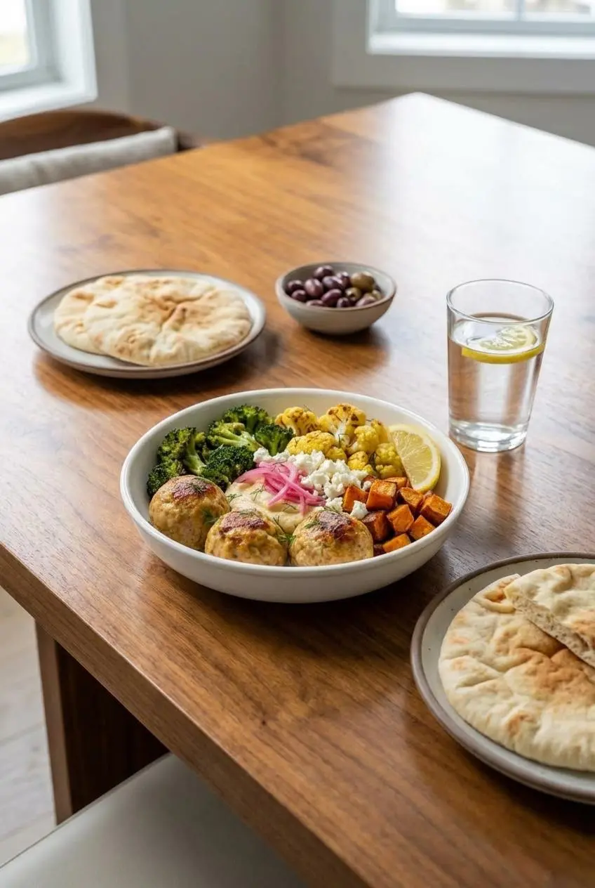 A Greek meatball bowl packed in a glass container for meal prep, with tzatziki sauce on the side, ready for a healthy lunch.