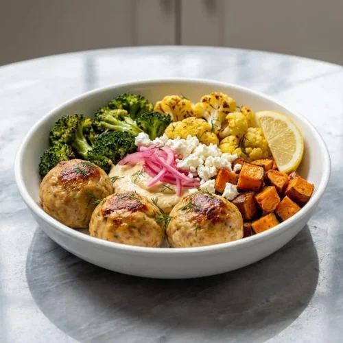 A Greek meatball bowl with tender lamb and beef meatballs seasoned with fresh mint, served with rice, tzatziki, and pickled red onions.