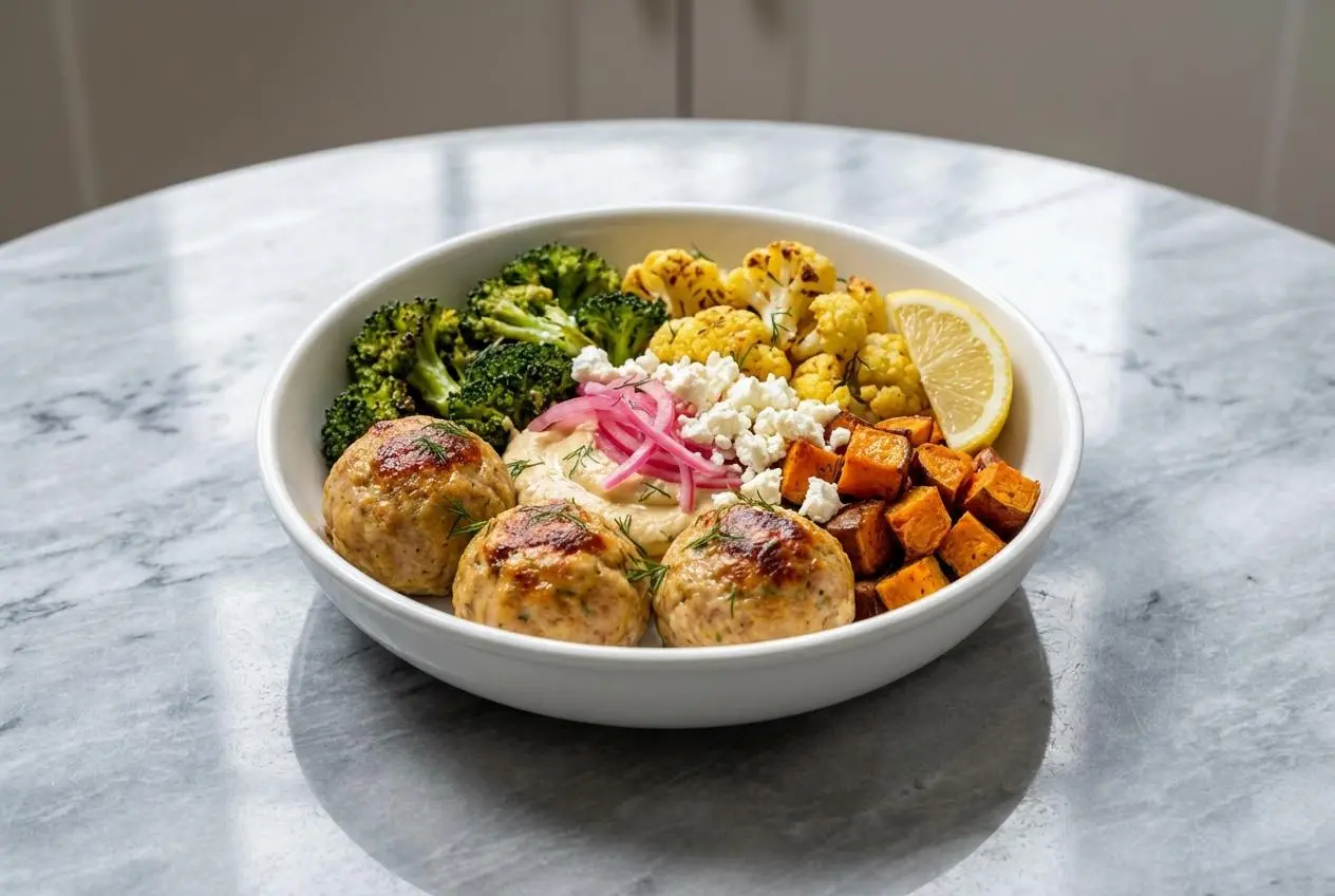 A Greek meatball bowl with tender lamb and beef meatballs seasoned with fresh mint, served with rice, tzatziki, and pickled red onions.