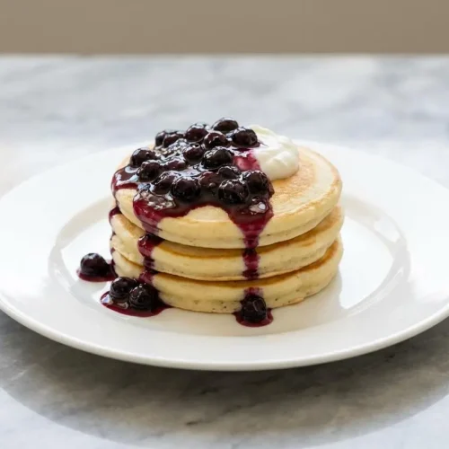 A fluffy stack of Greek yogurt pancakes topped with a warm blueberry-lemon compote and fresh lemon zest.