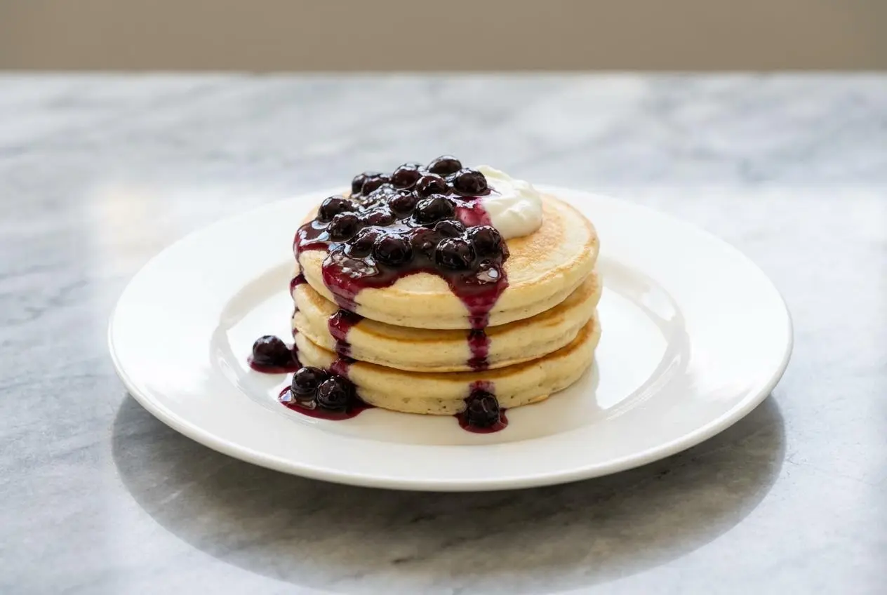 A fluffy stack of Greek yogurt pancakes topped with a warm blueberry-lemon compote and fresh lemon zest.