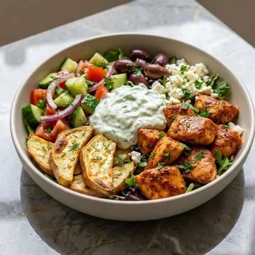 A vibrant Greek chicken power bowl with grilled yogurt-marinated chicken skewers, quinoa, cucumber salad, feta, and tzatziki sauce.