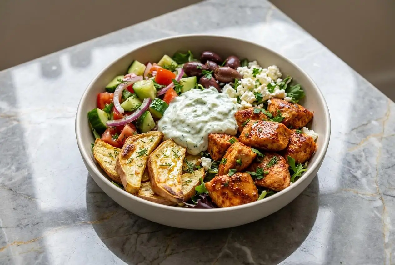 A vibrant Greek chicken power bowl with grilled yogurt-marinated chicken skewers, quinoa, cucumber salad, feta, and tzatziki sauce.
