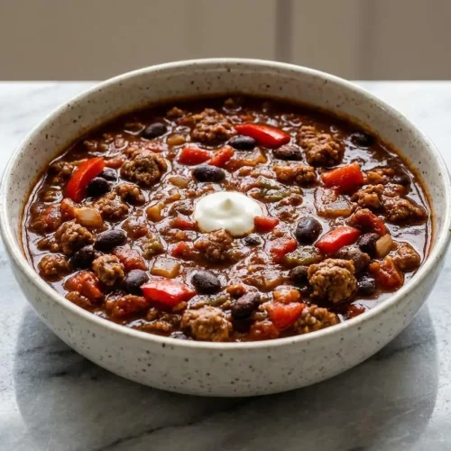A rustic bowl of high protein beef chili with a deep, rich color from cocoa and espresso, topped with sour cream and fresh cilantro.