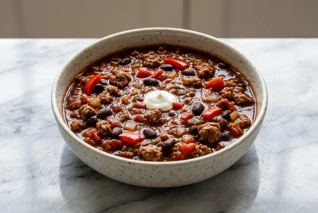 A rustic bowl of high protein beef chili with a deep, rich color from cocoa and espresso, topped with sour cream and fresh cilantro.