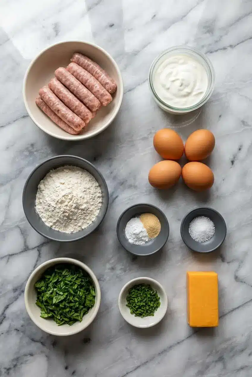 Ingredients for breakfast protein biscuits laid out, including flour, cottage cheese, Greek yogurt, cheddar cheese, and turkey sausage.