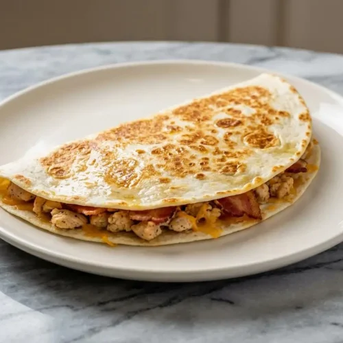 A golden High Protein Chicken Ranch Quesadilla cut in half, revealing the creamy, tangy filling made with Greek yogurt and chicken.