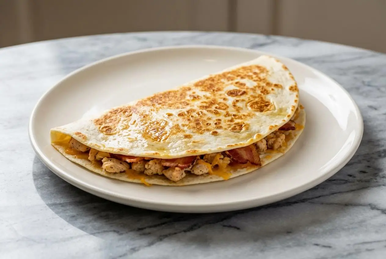 A golden High Protein Chicken Ranch Quesadilla cut in half, revealing the creamy, tangy filling made with Greek yogurt and chicken.