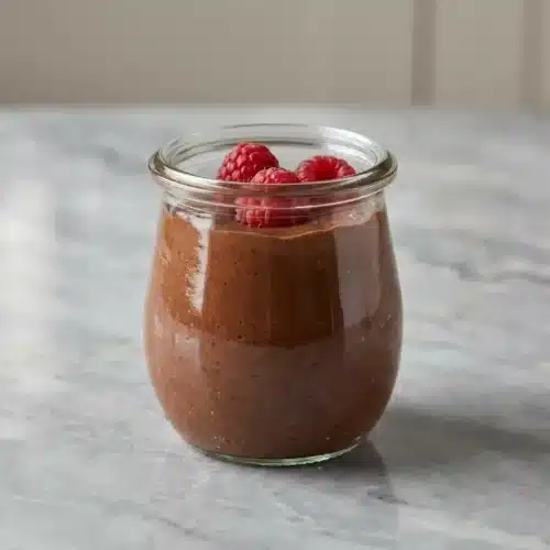 A glass jar of ultra-creamy high protein chocolate chia pudding, blended smooth with avocado and topped with fresh berries and chia seeds.