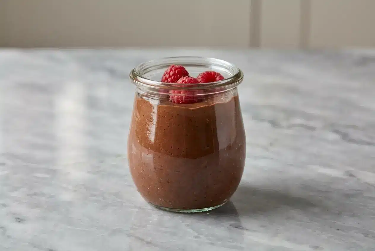 A glass jar of ultra-creamy high protein chocolate chia pudding, blended smooth with avocado and topped with fresh berries and chia seeds.