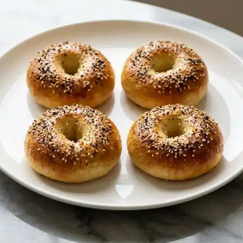 A stack of golden brown high protein cottage cheese bagels with a chewy texture, topped with everything bagel seasoning.
