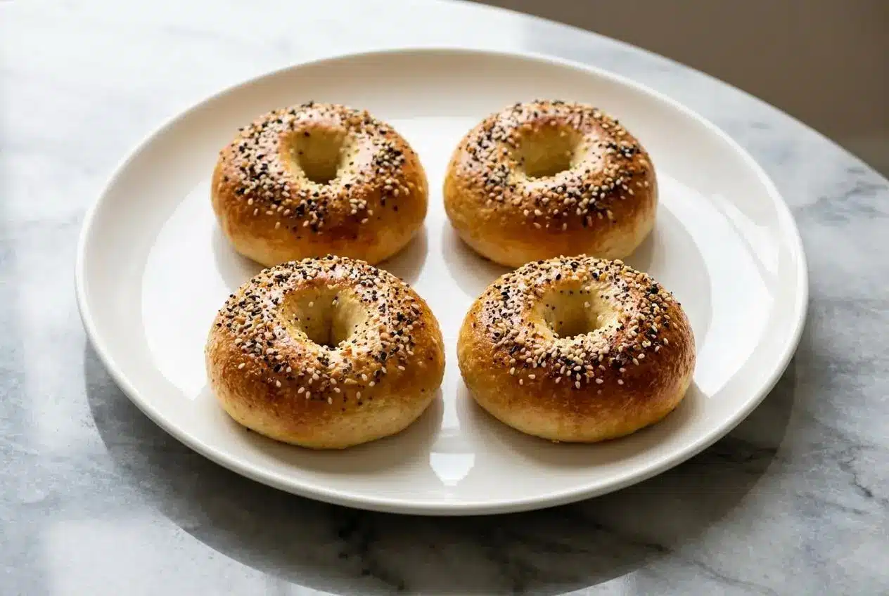 A stack of golden brown high protein cottage cheese bagels with a chewy texture, topped with everything bagel seasoning.