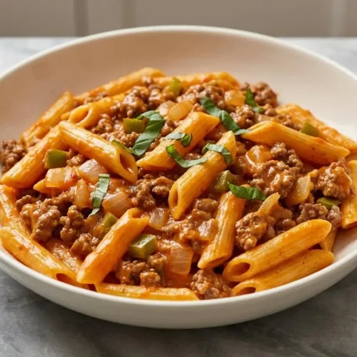 A white bowl of High Protein Creamy Beef Pasta with a rich, smoky red sauce, garnished with fresh parsley and a sprinkle of cheese.