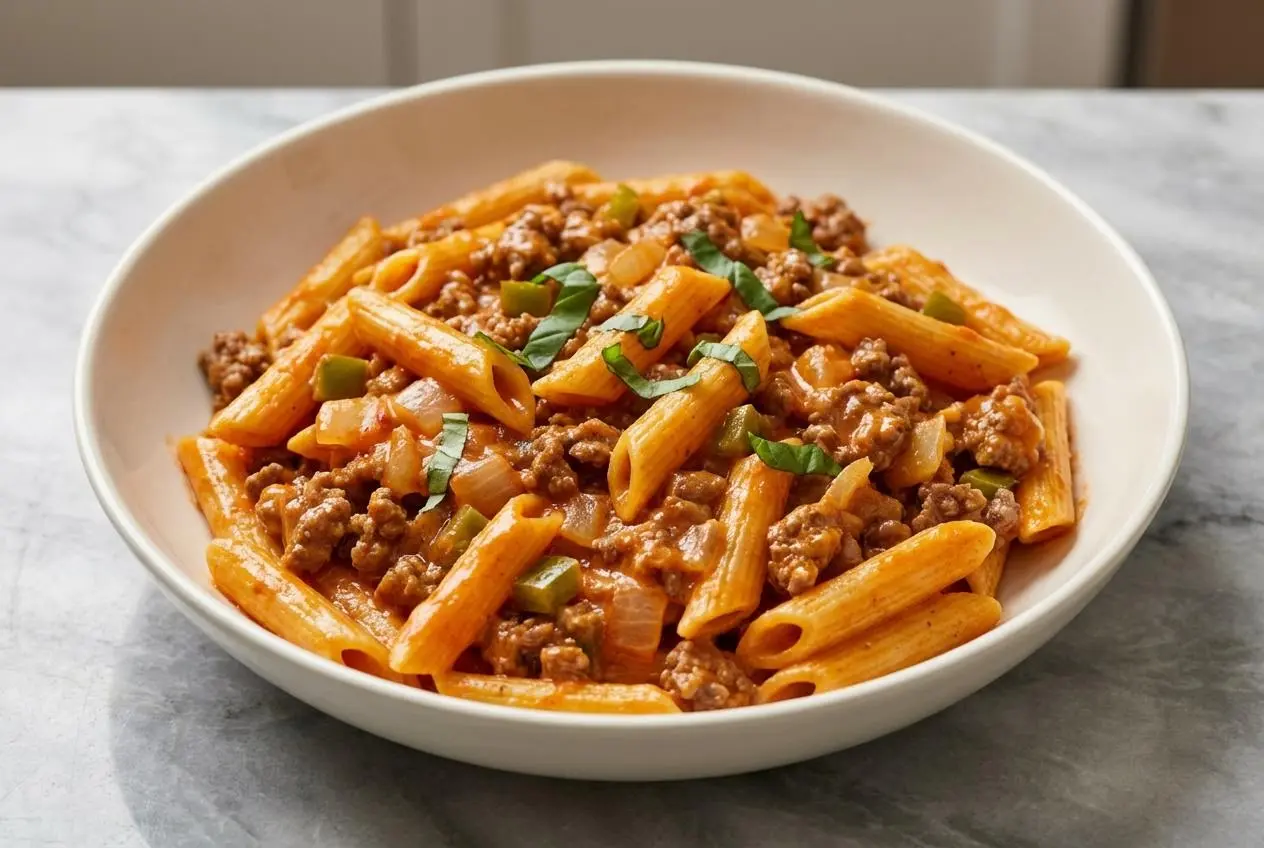 A white bowl of High Protein Creamy Beef Pasta with a rich, smoky red sauce, garnished with fresh parsley and a sprinkle of cheese.