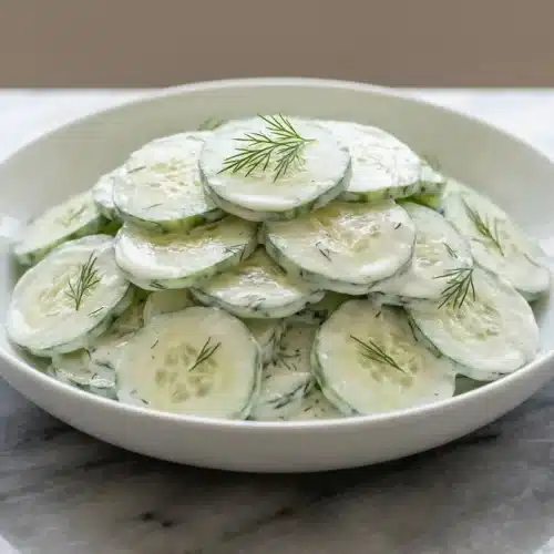 A white bowl of High-Protein Creamy Cucumber Salad featuring a rich, savory miso-yogurt dressing and garnished with fresh dill.