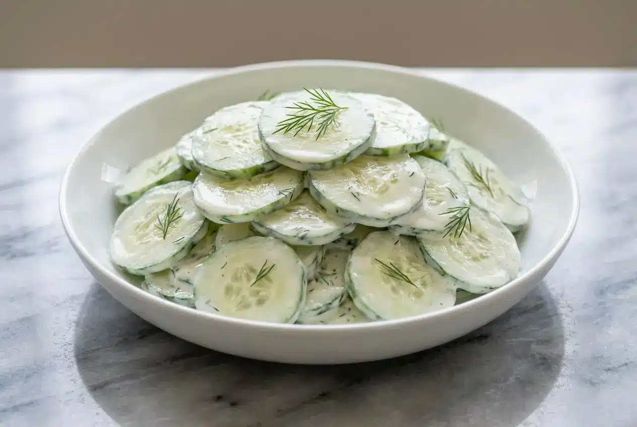 A white bowl of High-Protein Creamy Cucumber Salad featuring a rich, savory miso-yogurt dressing and garnished with fresh dill.