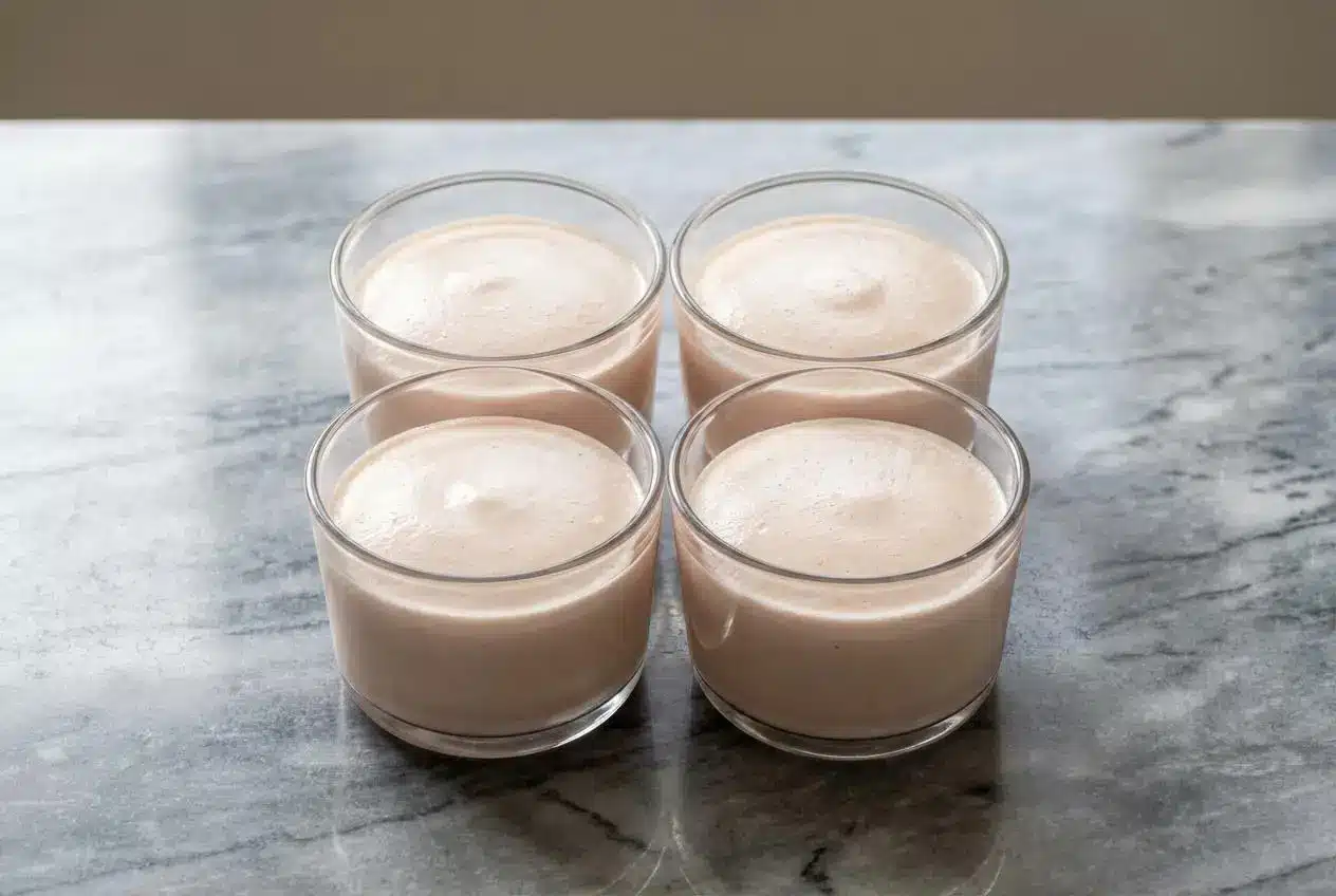 A smooth, perfectly set High Protein Jello Mousse in a white ramekin, showing the firm texture achieved by adding extra gelatin.