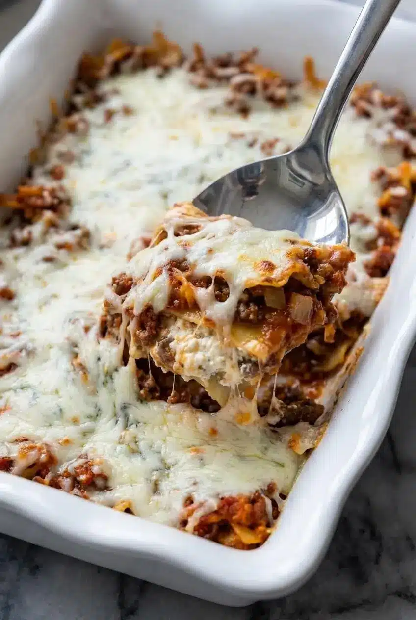 A close-up of a slice of high protein lasagna, showcasing the rich layers of meat sauce, pasta, and creamy cheese filling.