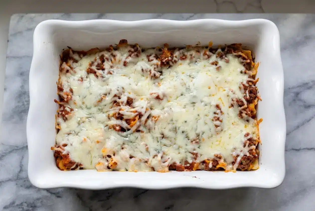 A golden-brown high protein lasagna in a baking dish, with a slice removed to show the creamy whipped cottage cheese layers.