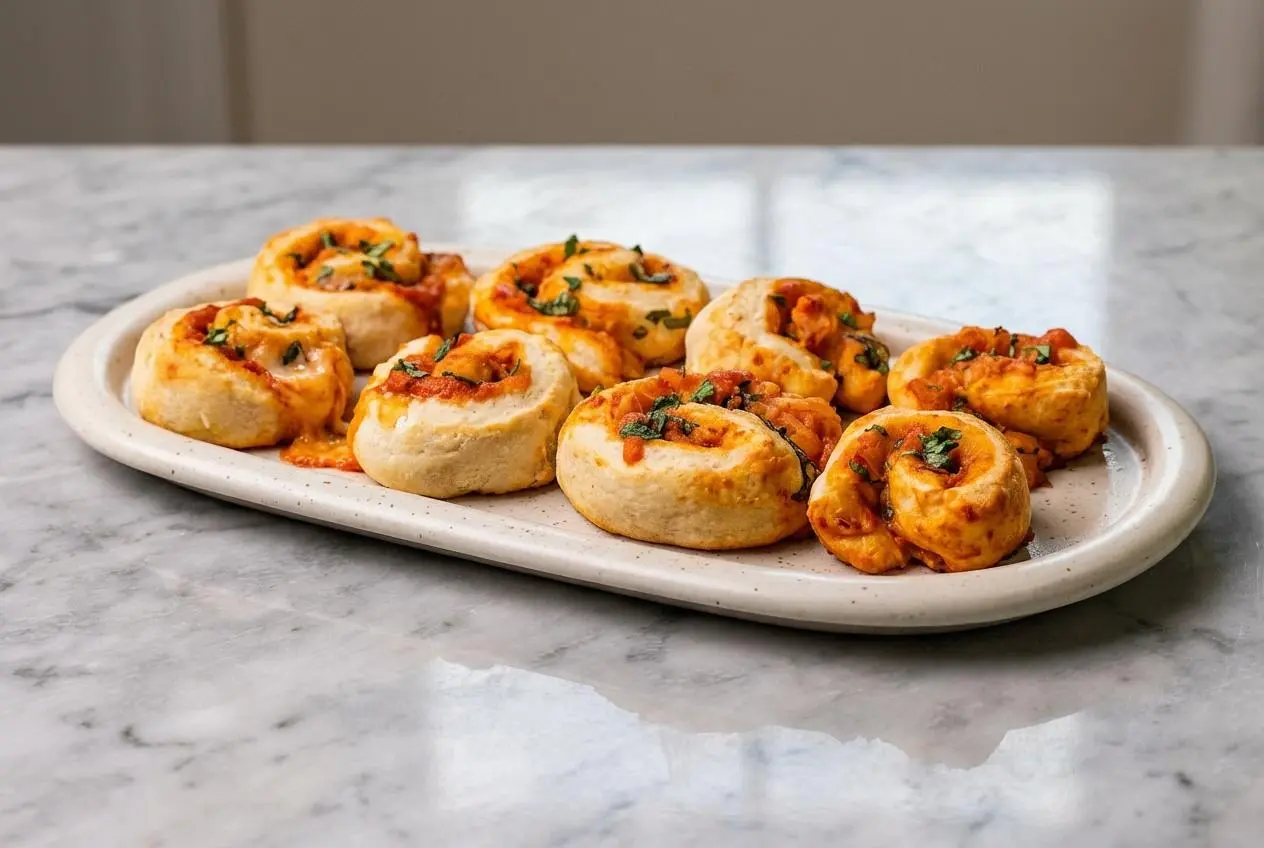 Golden brown high protein pizza rolls filled with mozzarella and pepperoni, made with a special protein-enriched dough.