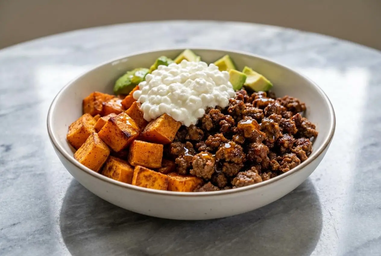 A hot honey cottage cheese sweet potato beef bowl with paprika-seared ground beef, creamy avocado, and roasted sweet potatoes.