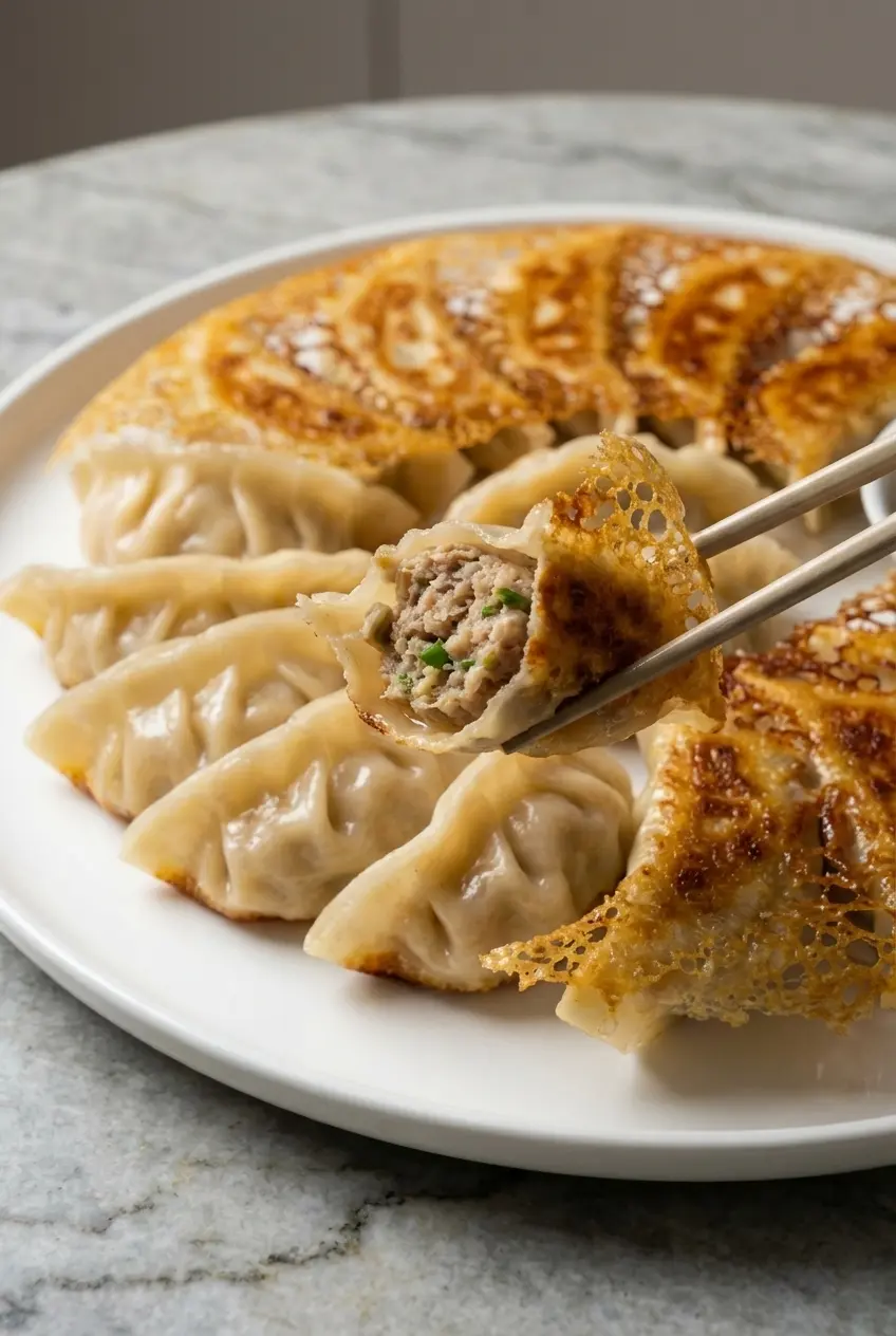 A close-up view of hands neatly pleating a dumpling for this potstickers recipe, with a bowl of filling and wrappers nearby.