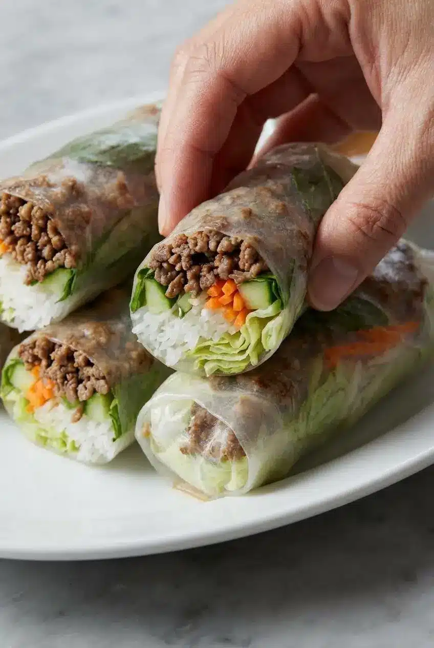 A demonstration of how to neatly fold rice paper over the beef and herb filling for the Thai Basil Beef Spring Rolls Recipe.