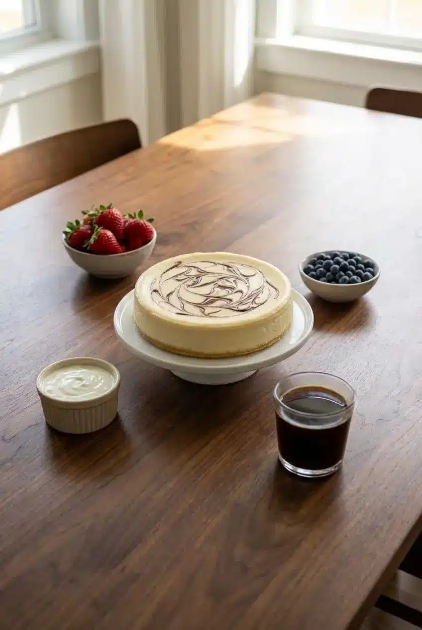 A slice of protein cheesecake on a dessert plate topped with fresh berries, ready to be enjoyed as a healthy and satisfying treat.