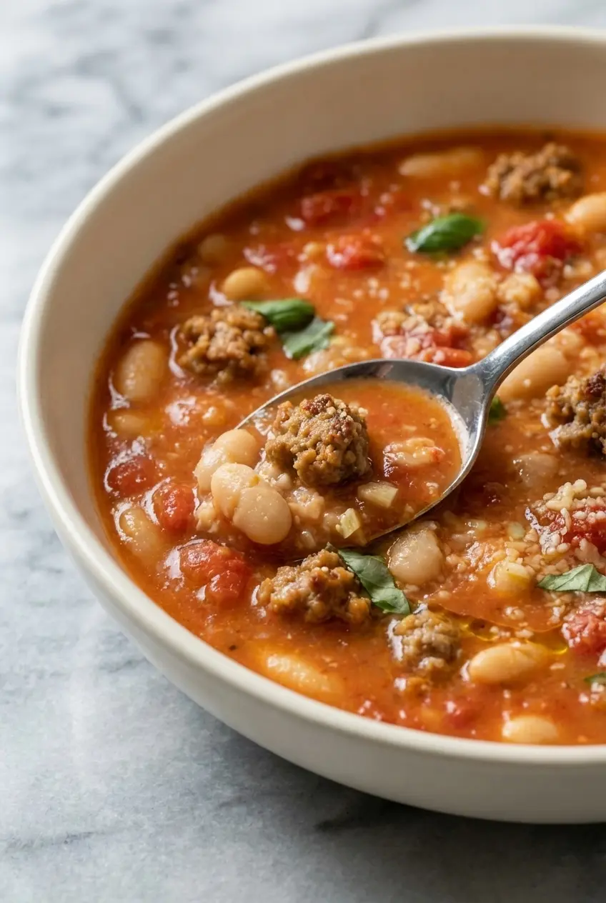 A Dutch oven filled with Sausage and White Bean Soup being partially blended with an immersion blender to create a creamy base.
