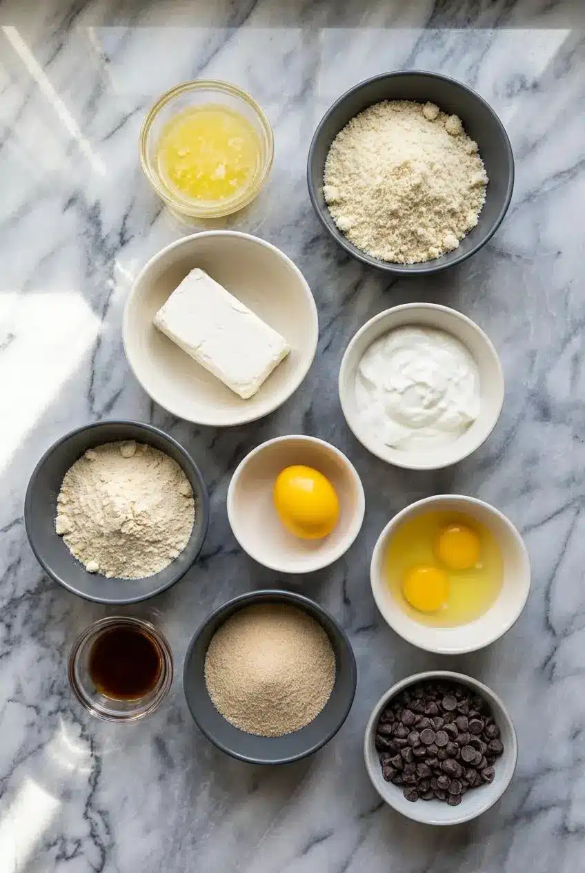 Ingredients for protein cheesecake laid out on a surface, including cottage cheese, cream cheese, whey protein, and Greek yogurt.