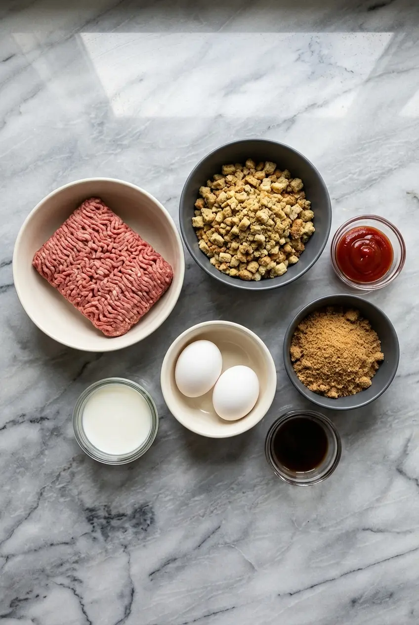 Ingredients for Stuffing Meatloaf laid out, including ground beef, Stove Top stuffing mix, ketchup, brown sugar, and an onion.
