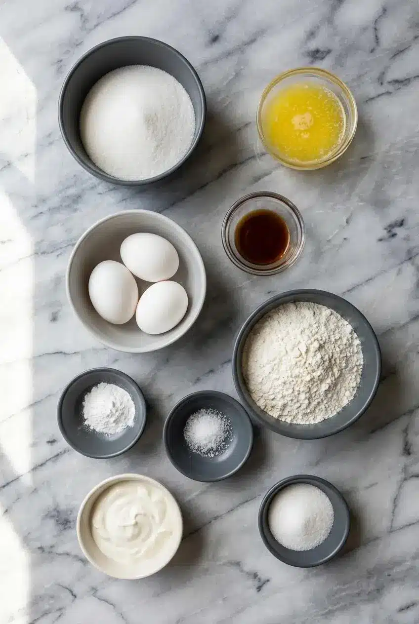 Ingredients for French Butter Cake laid out, including cake flour, eggs, sugar, sour cream, and a small pan of browned butter.