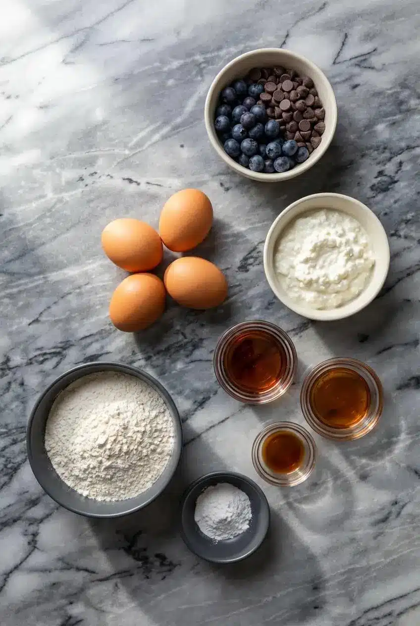 Ingredients for protein cottage cheese pancakes laid out, including cottage cheese in a bowl, rolled oats, eggs, and all-purpose flour.