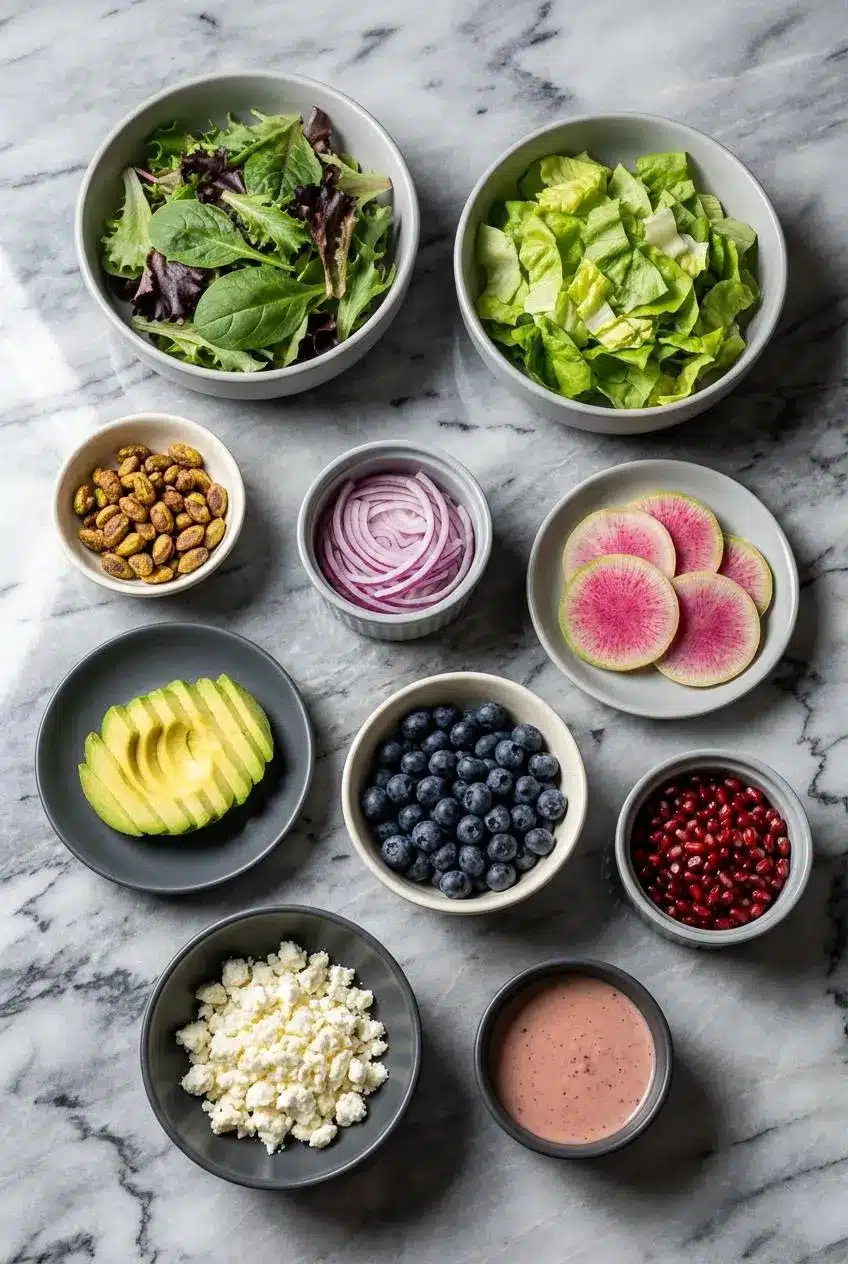 Ingredients for Blueberry Pistachio Spring Salad laid out, including spring mix, fresh blueberries, pistachios, and feta cheese.