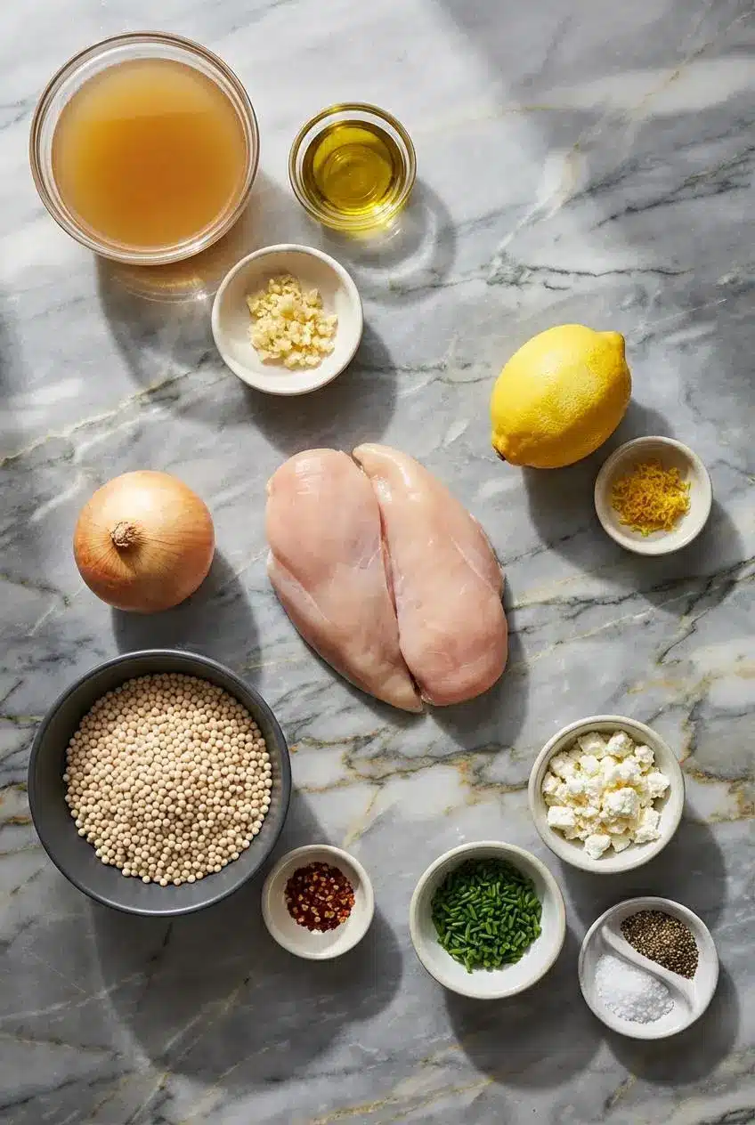 Ingredients for Greek Lemon Chicken Soup, including a rotisserie chicken, lemons, orzo, eggs, and fresh dill, laid out on a surface.