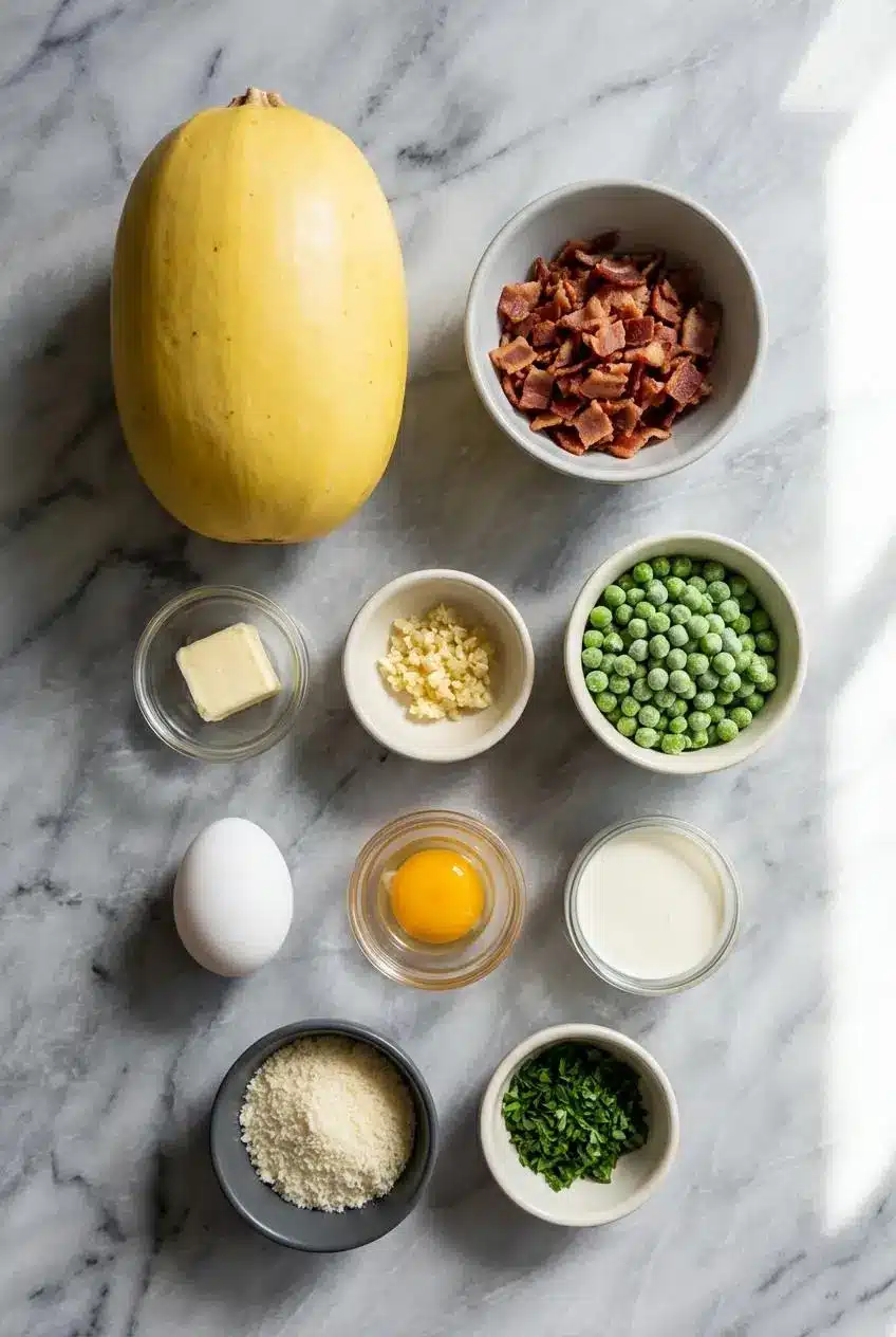 Ingredients for spaghetti squash carbonara laid out, including a whole spaghetti squash, pancetta, eggs, parmesan cheese, and garlic.